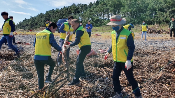 포항시의원과 지역 어업민 등이  해안에 떠밀려온 부유 쓰레기를 수거하고 있다