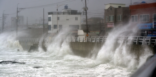 제10호 태풍 '하이선'(HAISHEN)이 북상 중인 7일 오전 경북 포항시 남구 구룡포읍 해안마을에 거친 파도가 밀려오고 있다