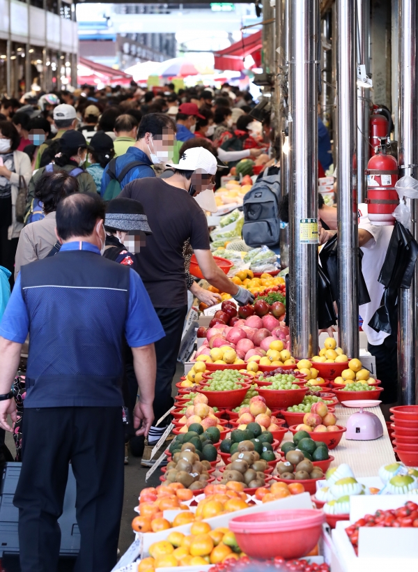 추석을 일주일 앞둔 24일 오후 서울 동대문구 청량리 청과물시장이 물품을 구매하는 시민들로 북적이고 있다.